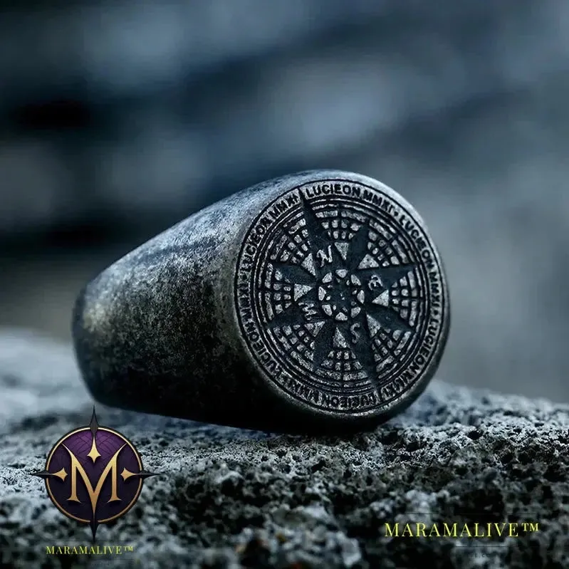 316L Stainless Steel Viking Cross Compass Runic Pirate Men's Ring Nautical Fashion Jewelry