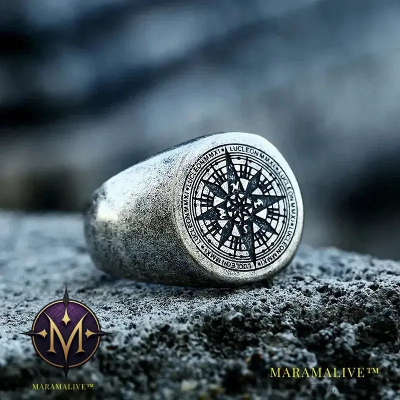 316L Stainless Steel Viking Cross Compass Runic Pirate Men's Ring Nautical Fashion Jewelry