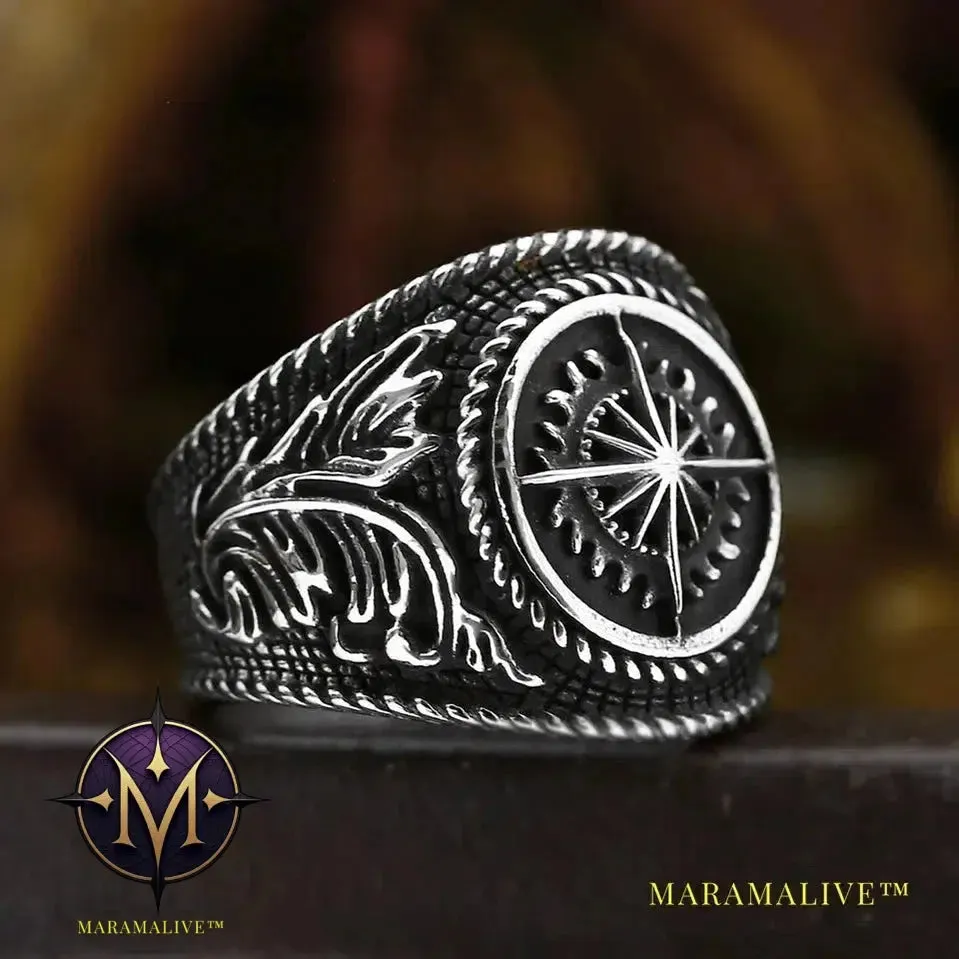 316L Stainless Steel Viking Cross Compass Runic Pirate Men's Ring Nautical Fashion Jewelry