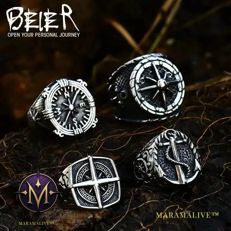 316L Stainless Steel Viking Cross Compass Runic Pirate Men's Ring Nautical Fashion Jewelry