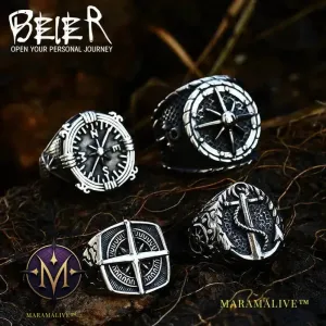 316L Stainless Steel Viking Cross Compass Runic Pirate Men's Ring Nautical Fashion Jewelry