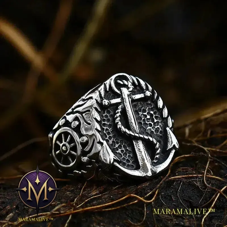316L Stainless Steel Viking Cross Compass Runic Pirate Men's Ring Nautical Fashion Jewelry