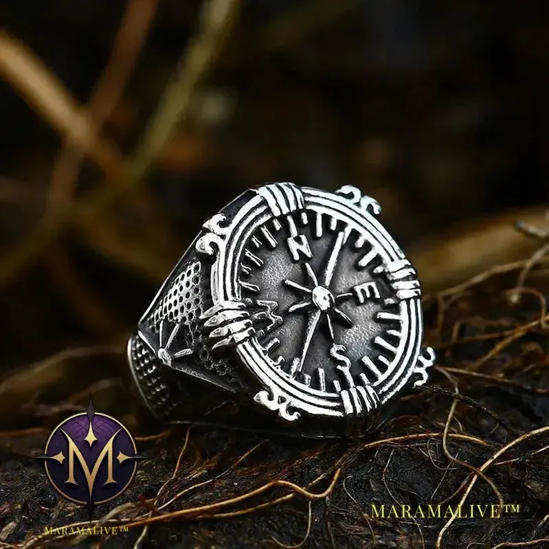 316L Stainless Steel Viking Cross Compass Runic Pirate Men's Ring Nautical Fashion Jewelry