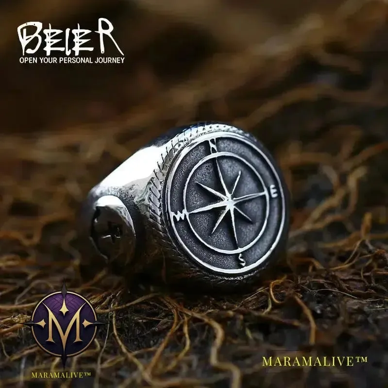 316L Stainless Steel Viking Cross Compass Runic Pirate Men's Ring Nautical Fashion Jewelry
