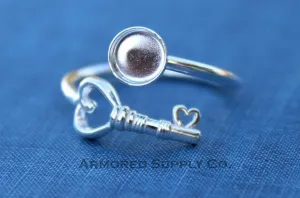 3mm Bezel Silver Heart Key Wrap Bypass Adjustable Ring blank