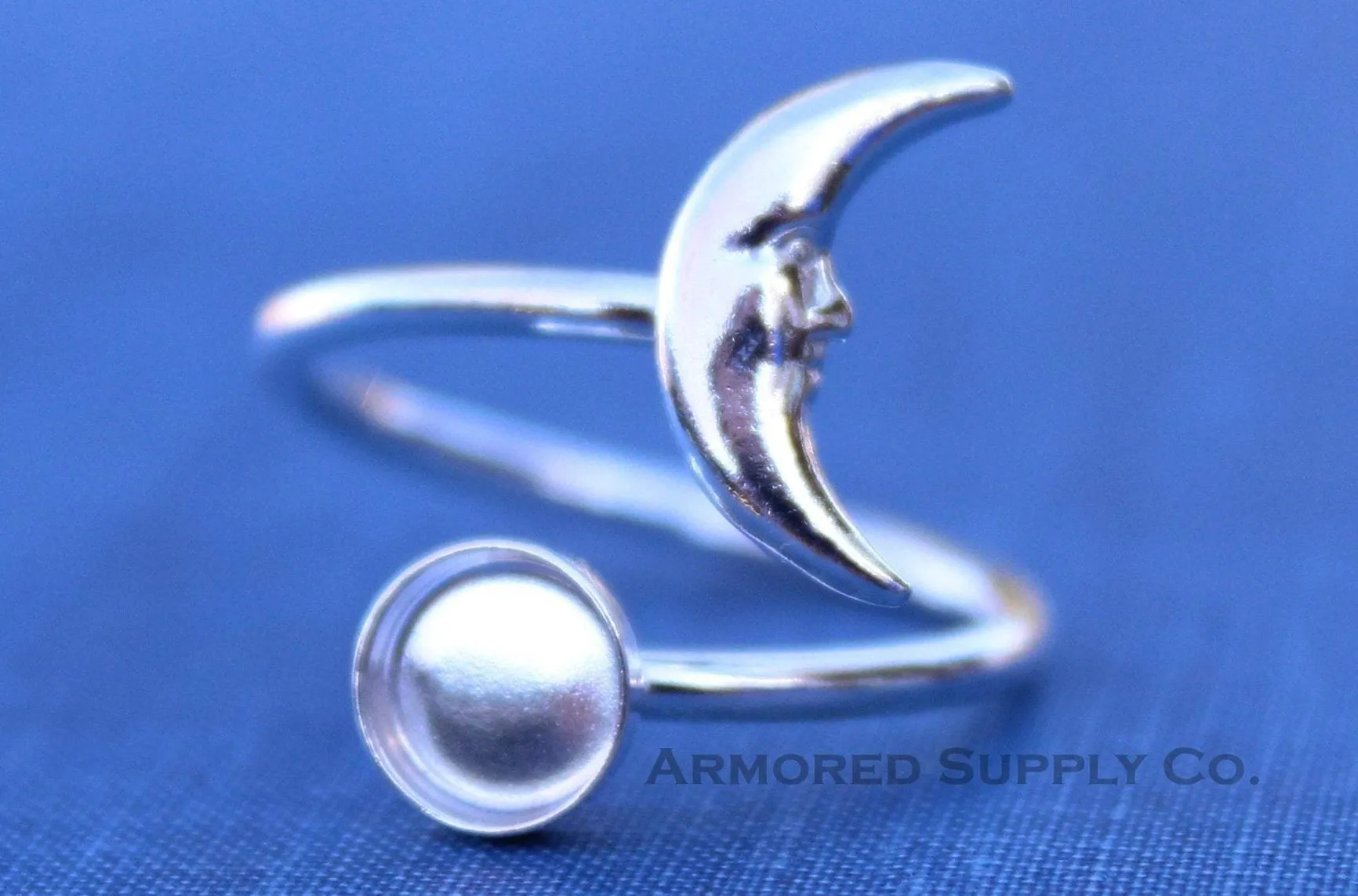 4mm Silver Crescent Moon Wrap Bypass Adjustable Bezel Ring blank