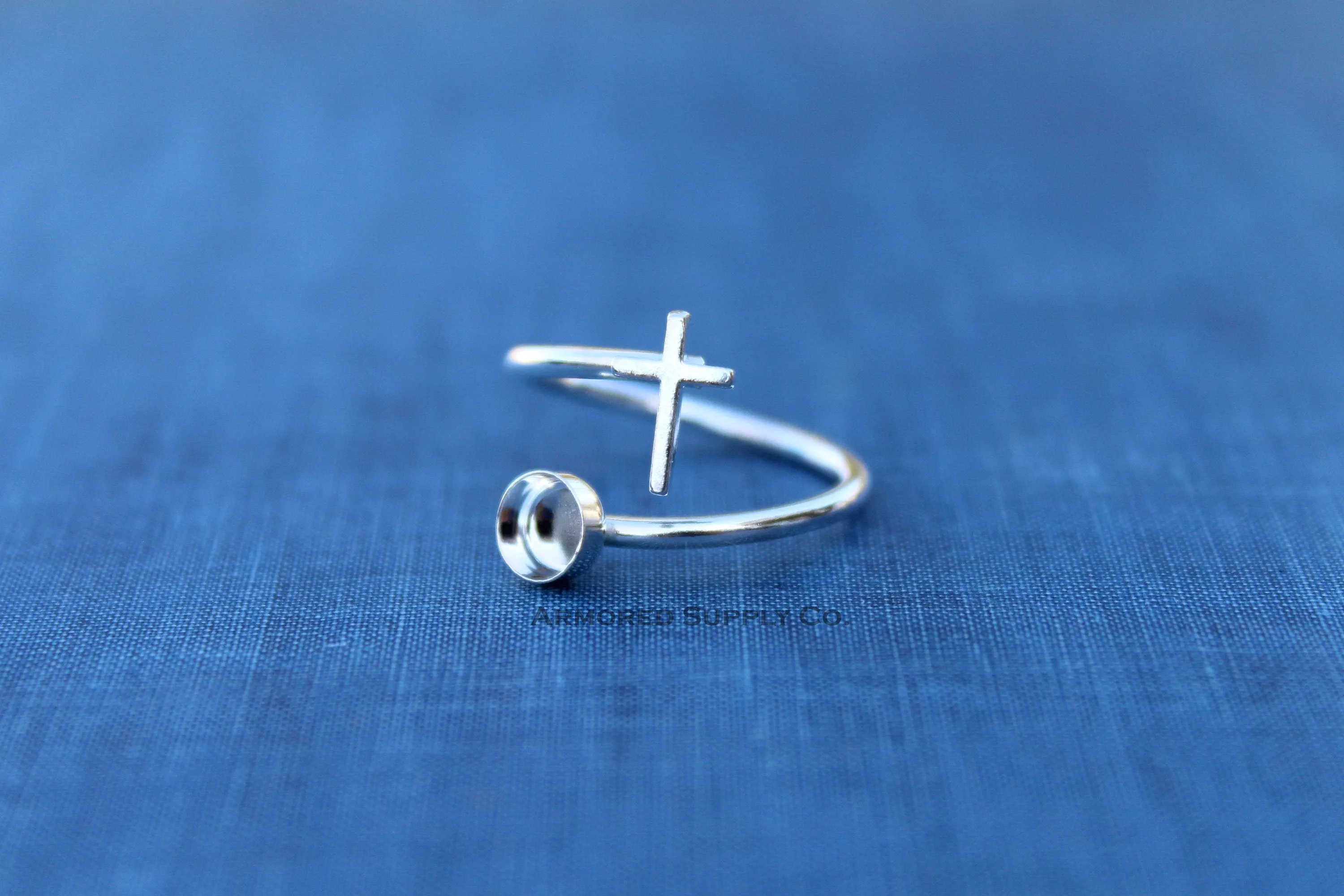 4mm Silver Cross Adjustable Wrap Bypass Bezel Ring blank