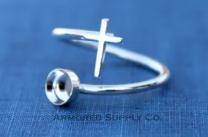 4mm Silver Cross Adjustable Wrap Bypass Bezel Ring blank