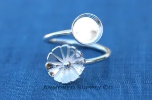 4mm Silver Flower Wrap Bypass Adjustable Bezel Ring blank
