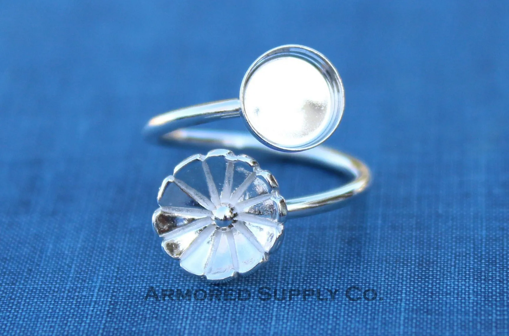 4mm Silver Flower Wrap Bypass Adjustable Bezel Ring blank