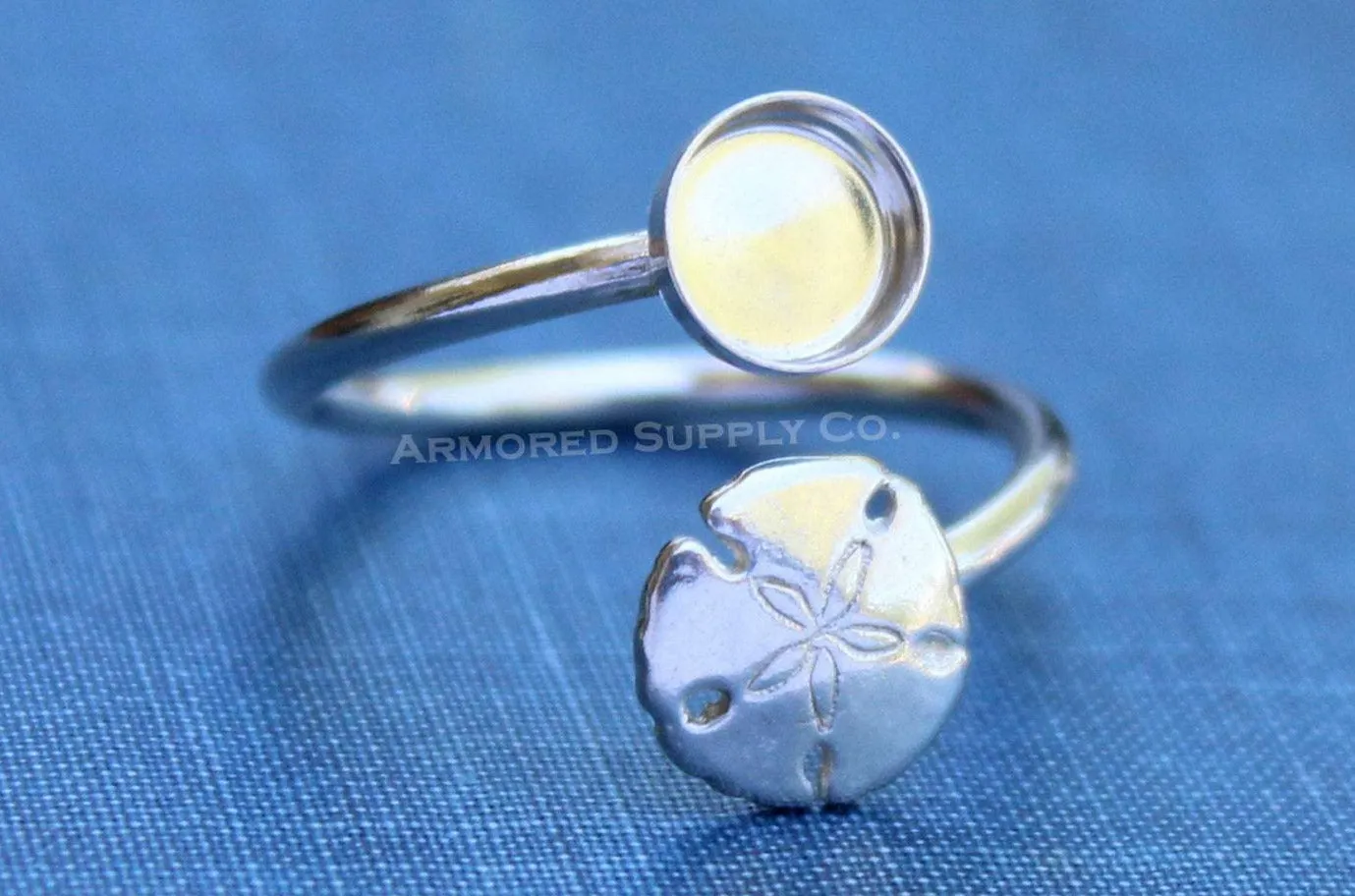 4mm Silver Sand Dollar Wrap Bypass Adjustable Bezel Ring blank