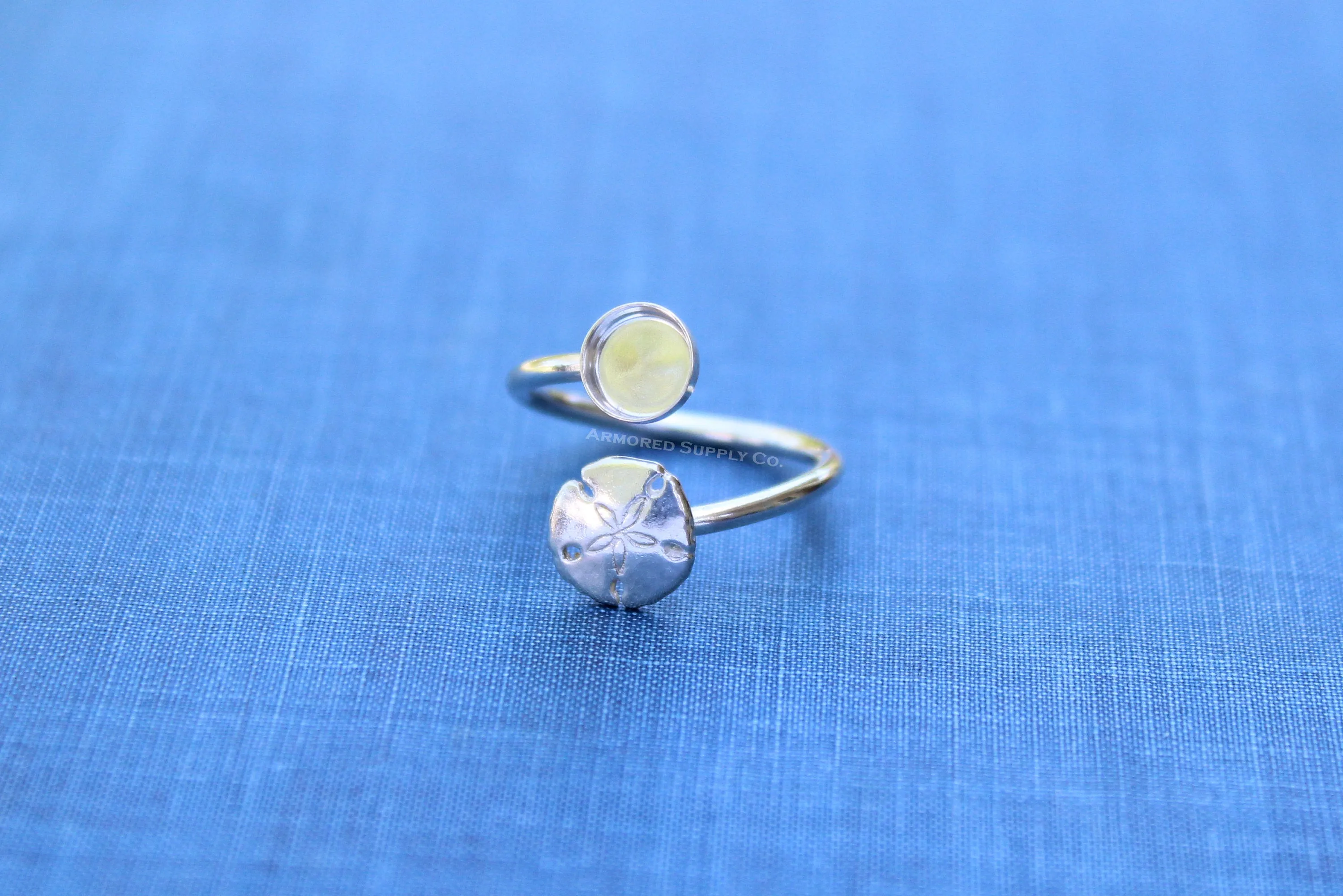 4mm Silver Sand Dollar Wrap Bypass Adjustable Bezel Ring blank