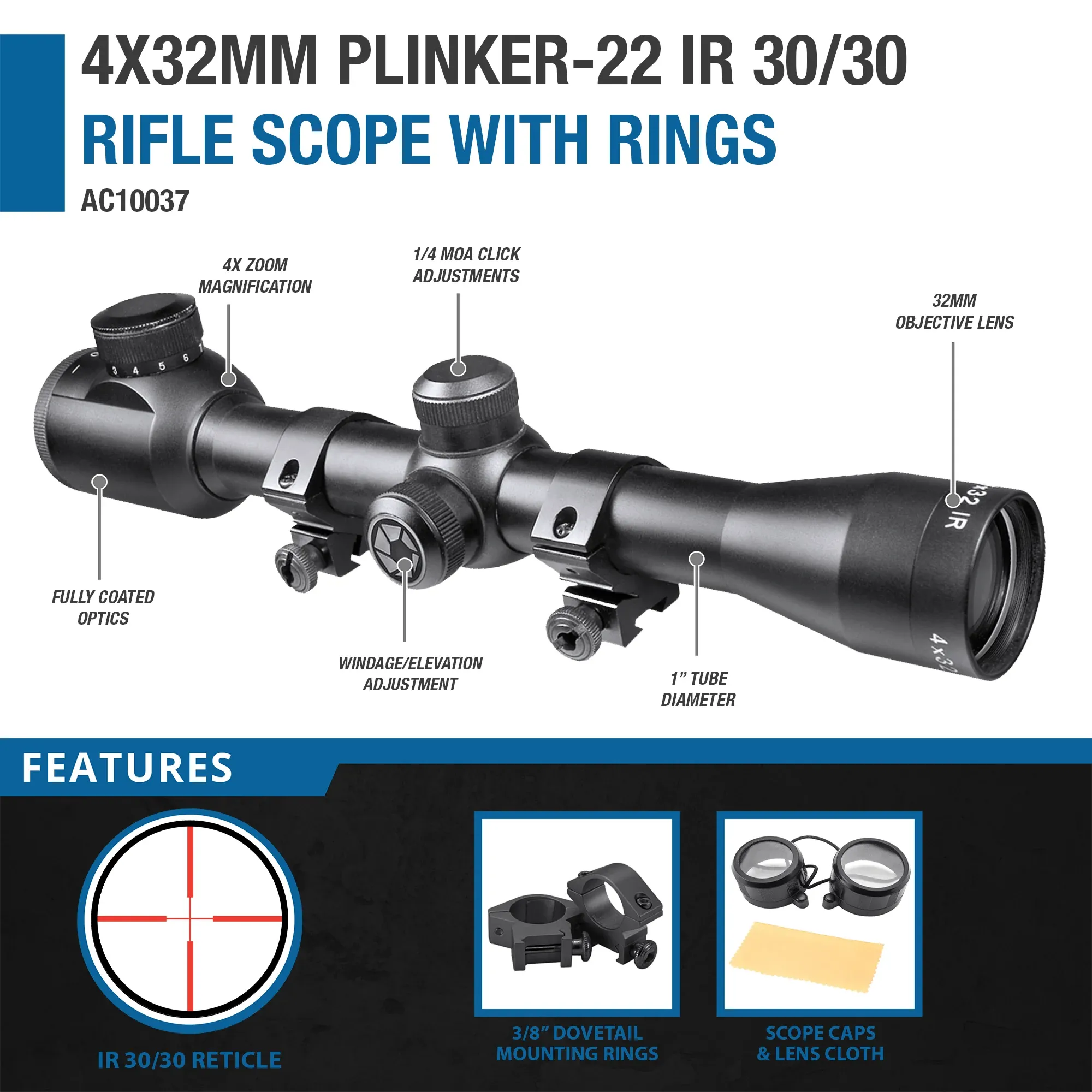 4x32mm Plinker-22 IR 30/30 Rifle Scope with Rings | AC10037