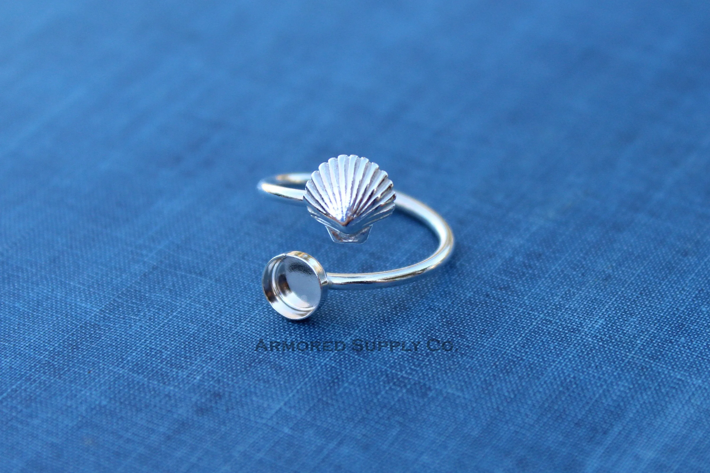 6mm Silver Sea Shell Wrap Bypass Adjustable Bezel Ring blank