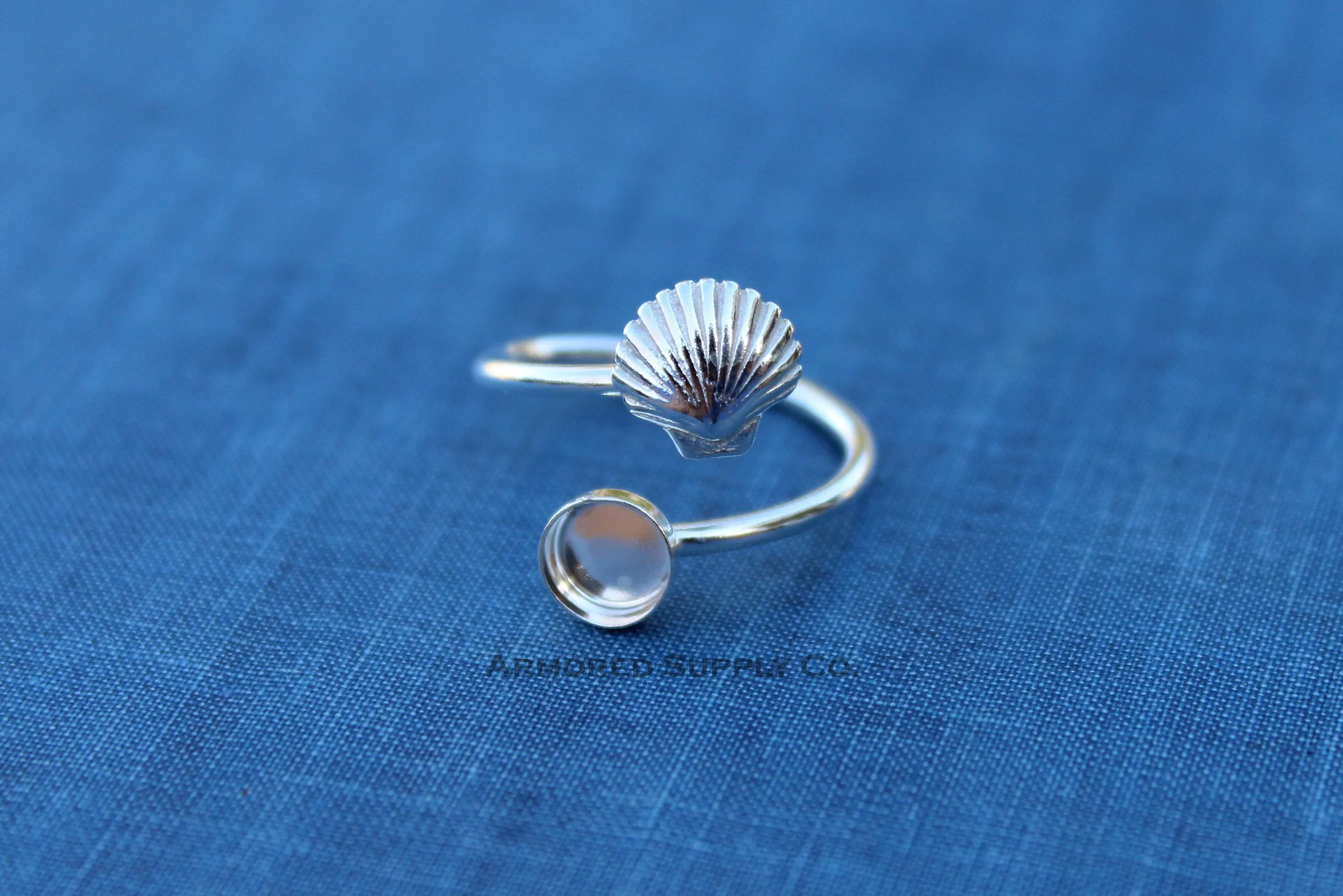 6mm Silver Sea Shell Wrap Bypass Adjustable Bezel Ring blank