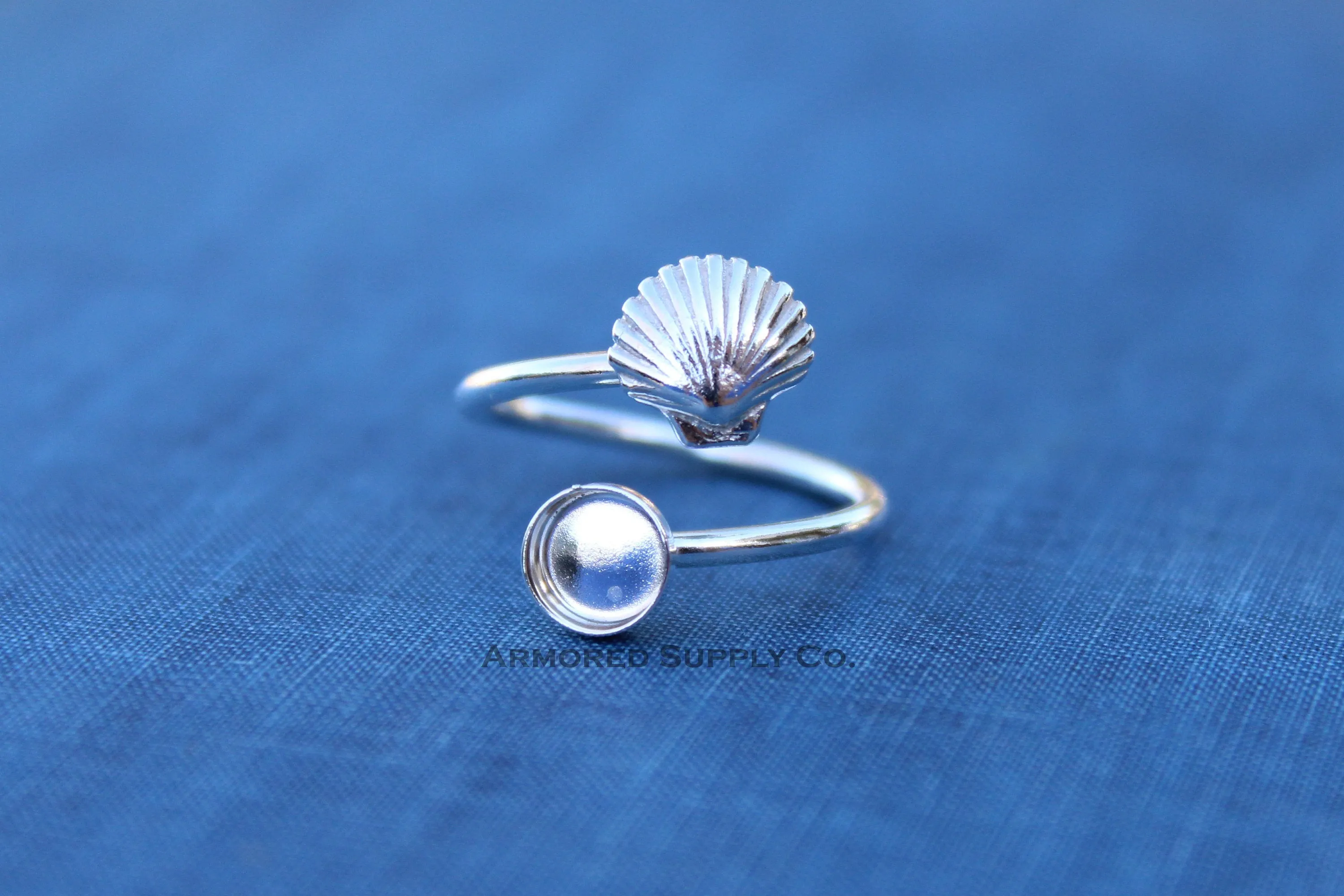 6mm Silver Sea Shell Wrap Bypass Adjustable Bezel Ring blank