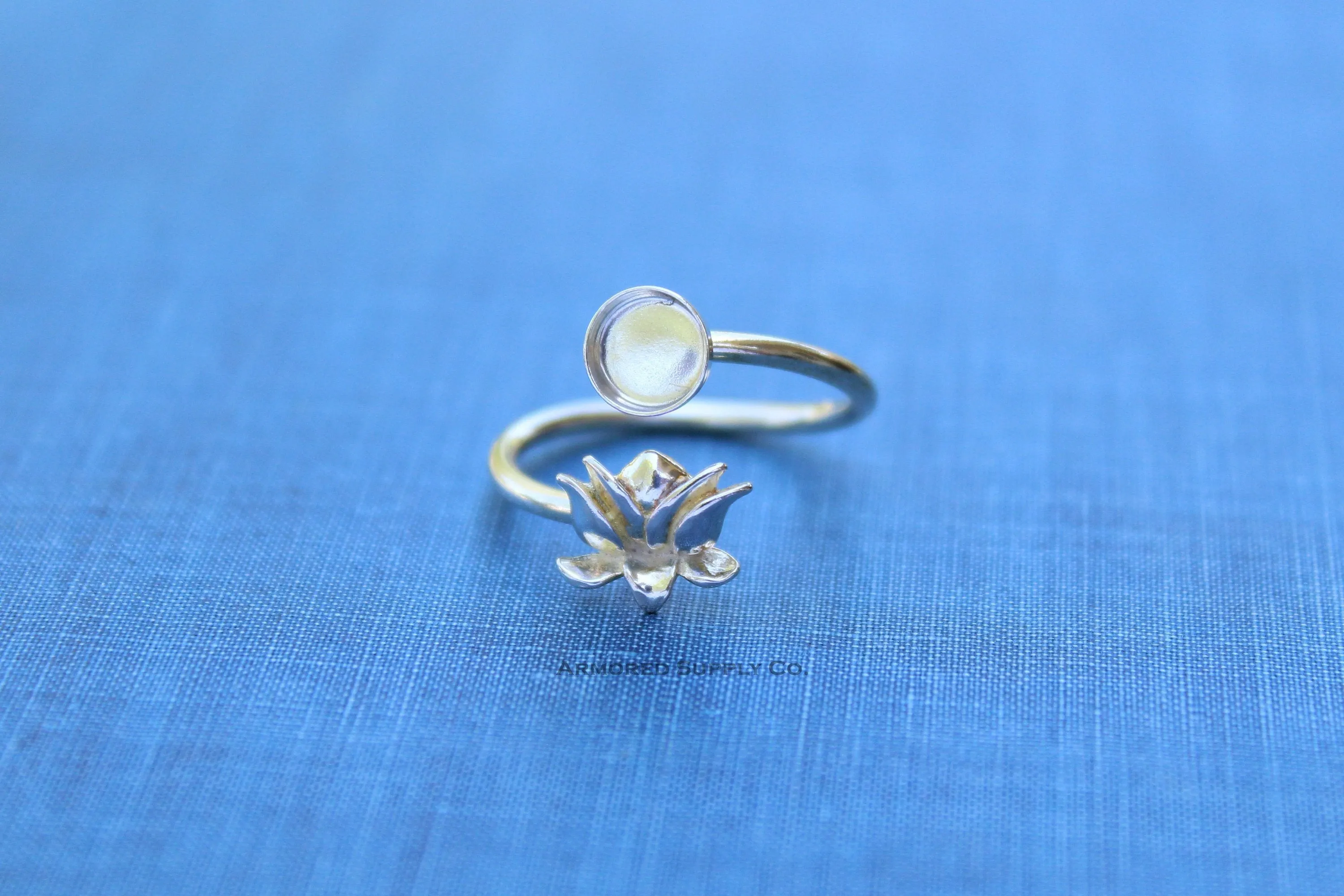 7mm Bezel Silver Lotus Flower Wrap Bypass Adjustable Ring blank