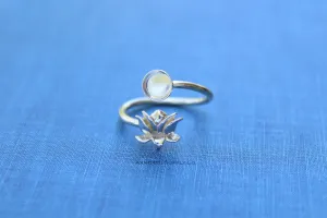 7mm Bezel Silver Lotus Flower Wrap Bypass Adjustable Ring blank