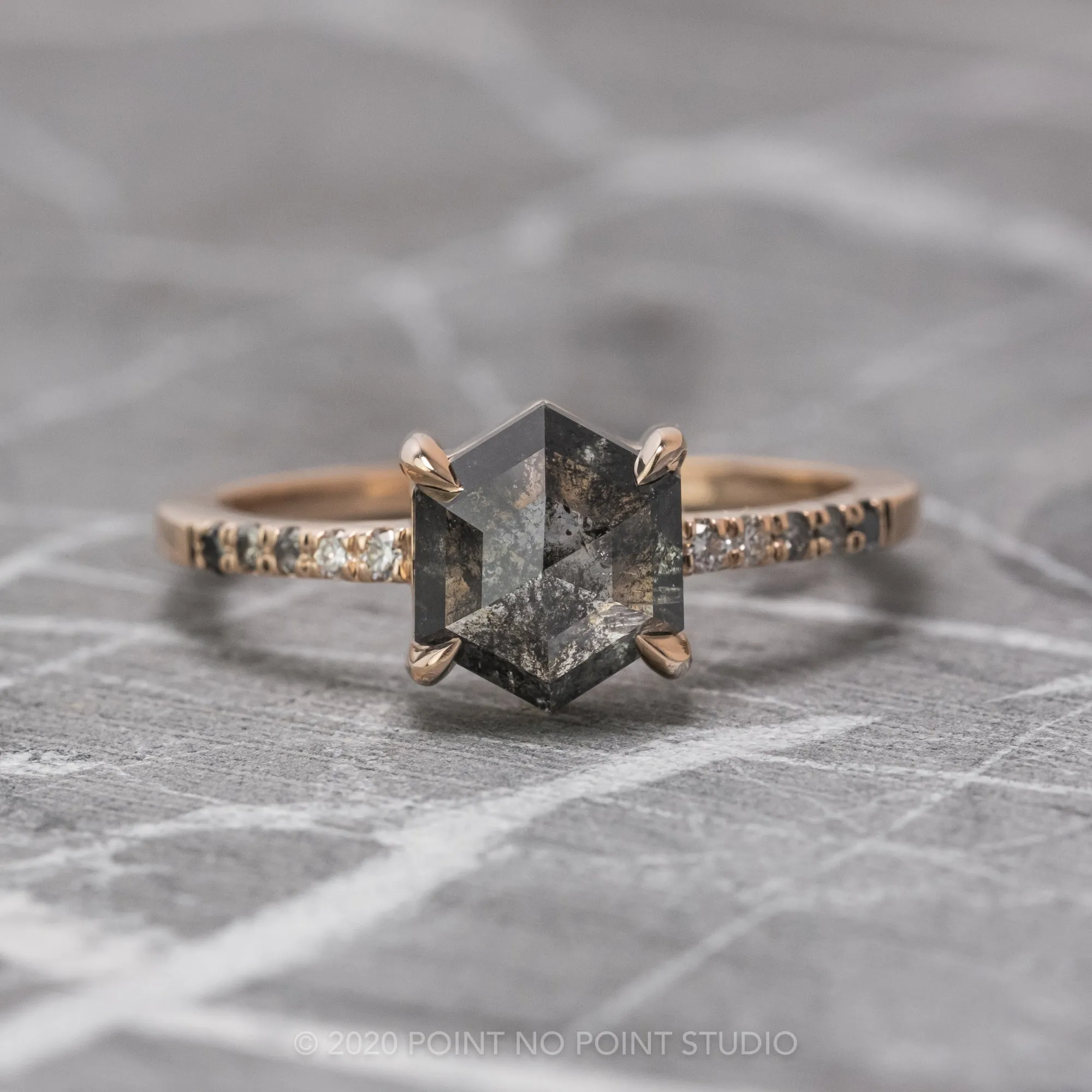 .92 Carat Black Speckled Hexagon Diamond Engagement Ring, Ombre Jules Setting, 14K Rose Gold