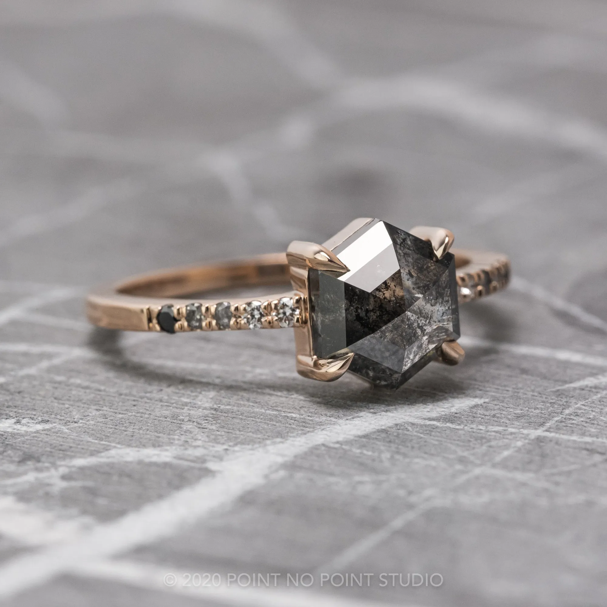 .92 Carat Black Speckled Hexagon Diamond Engagement Ring, Ombre Jules Setting, 14K Rose Gold