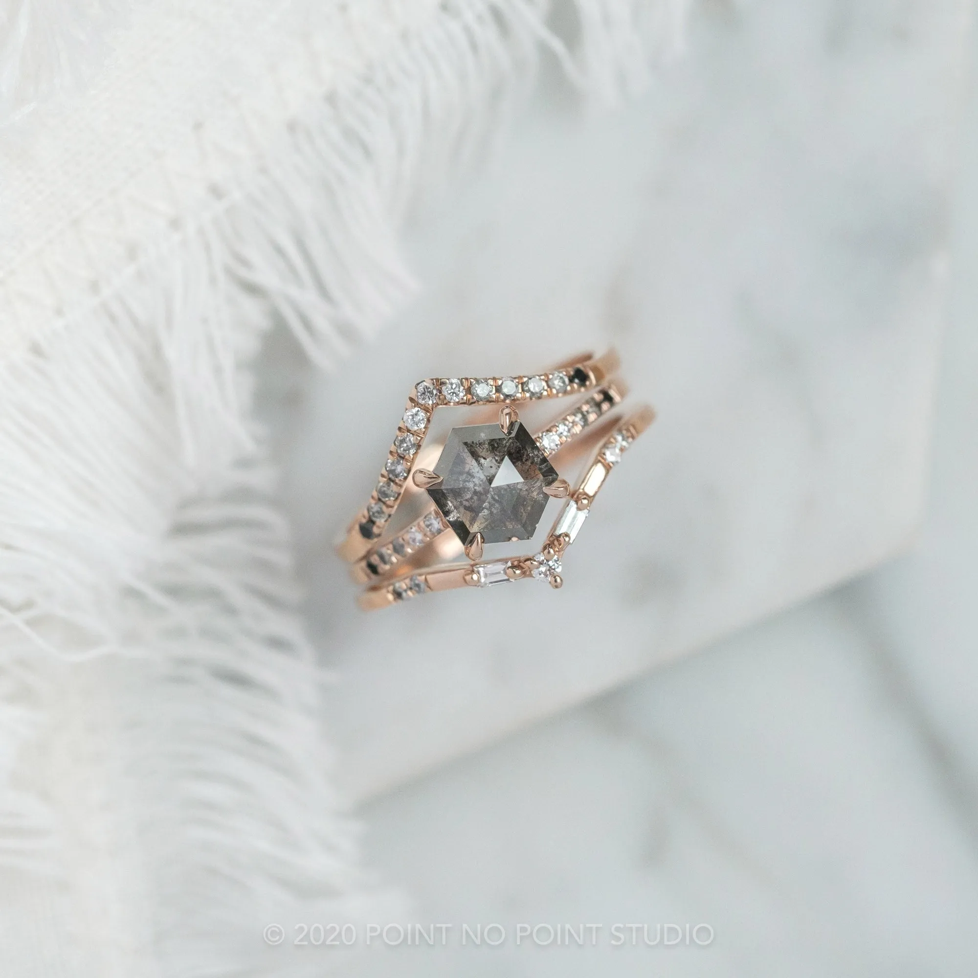 .92 Carat Black Speckled Hexagon Diamond Engagement Ring, Ombre Jules Setting, 14K Rose Gold