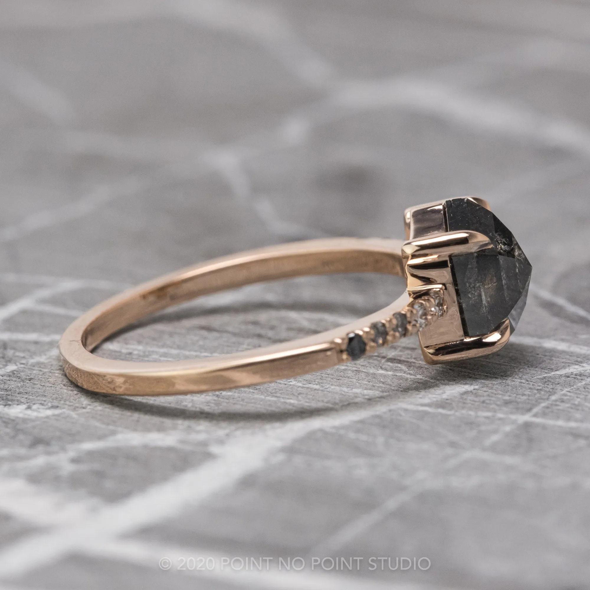 .92 Carat Black Speckled Hexagon Diamond Engagement Ring, Ombre Jules Setting, 14K Rose Gold