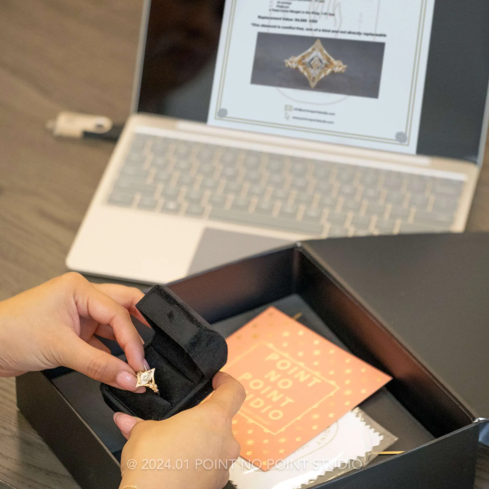 .92 Carat Black Speckled Hexagon Diamond Engagement Ring, Ombre Jules Setting, 14K Rose Gold