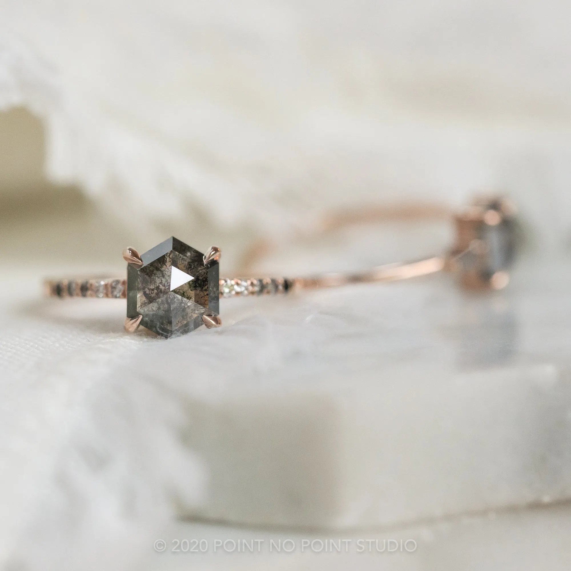 .92 Carat Black Speckled Hexagon Diamond Engagement Ring, Ombre Jules Setting, 14K Rose Gold