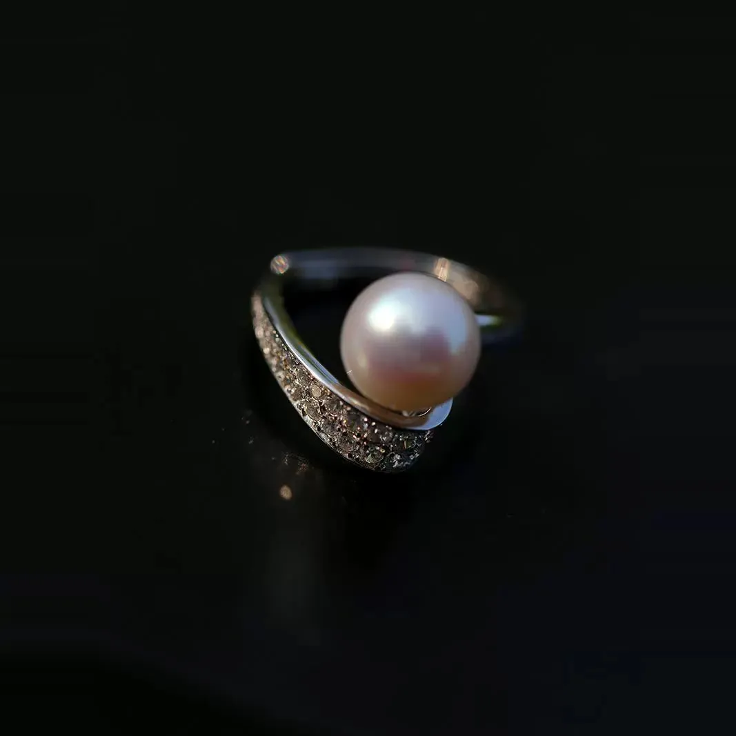 925 Silver Micro-Pave Zircon Natural Pearl Open Ring