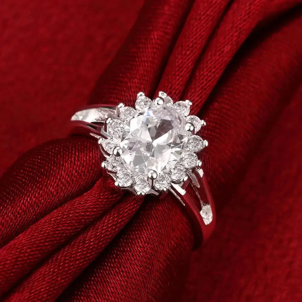 925 Sterling Silver crystal flower diamond Rings For Women Fashion Wedding Party Gifts Jewelry