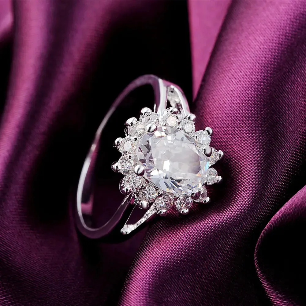 925 Sterling Silver crystal flower diamond Rings For Women Fashion Wedding Party Gifts Jewelry