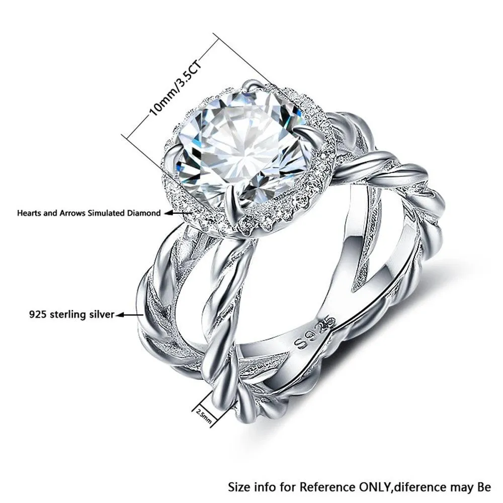 925 Sterling Silver Double Rope Open Ring with Cubic Zirconia Stone, Trendy Fashion Jewelry