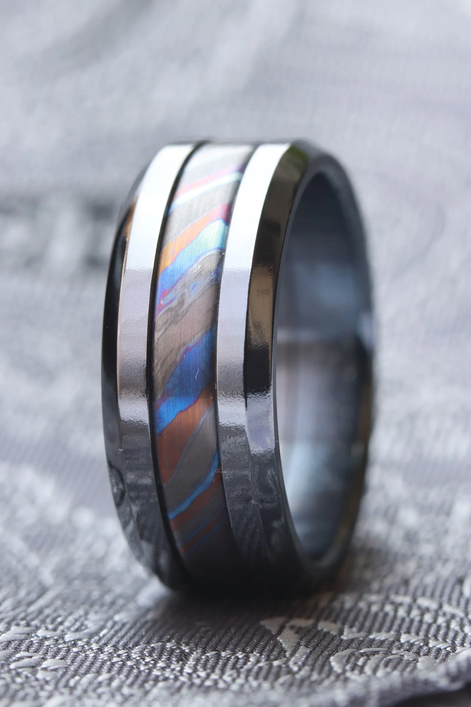9mm Grayson BLK" Limited Edition Series titanium damascus Timascus / Mokuti timascus & black titanium ring, black timascus ring, mokuti ring