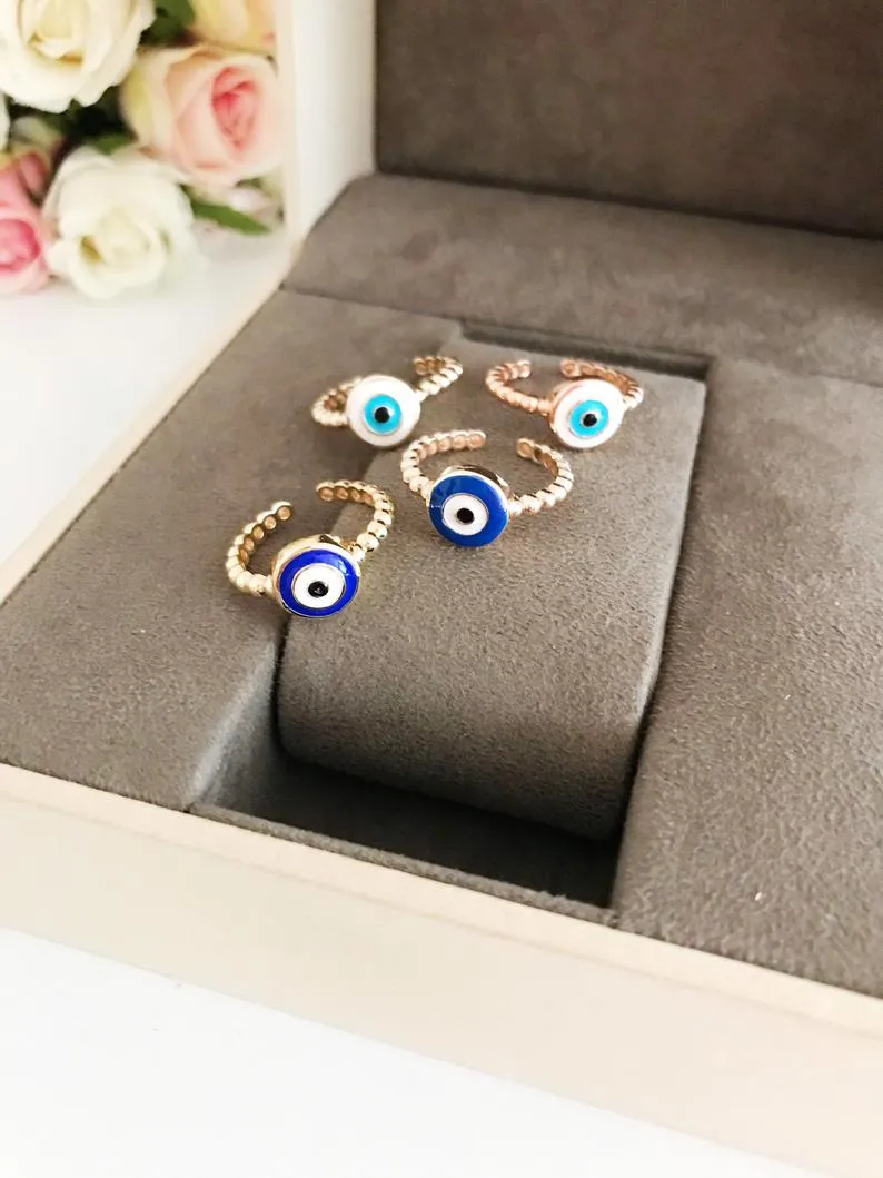 Adjustable Evil Eye Ring Set with Blue and White Beads - Greek and Turkish Inspired Jewelry