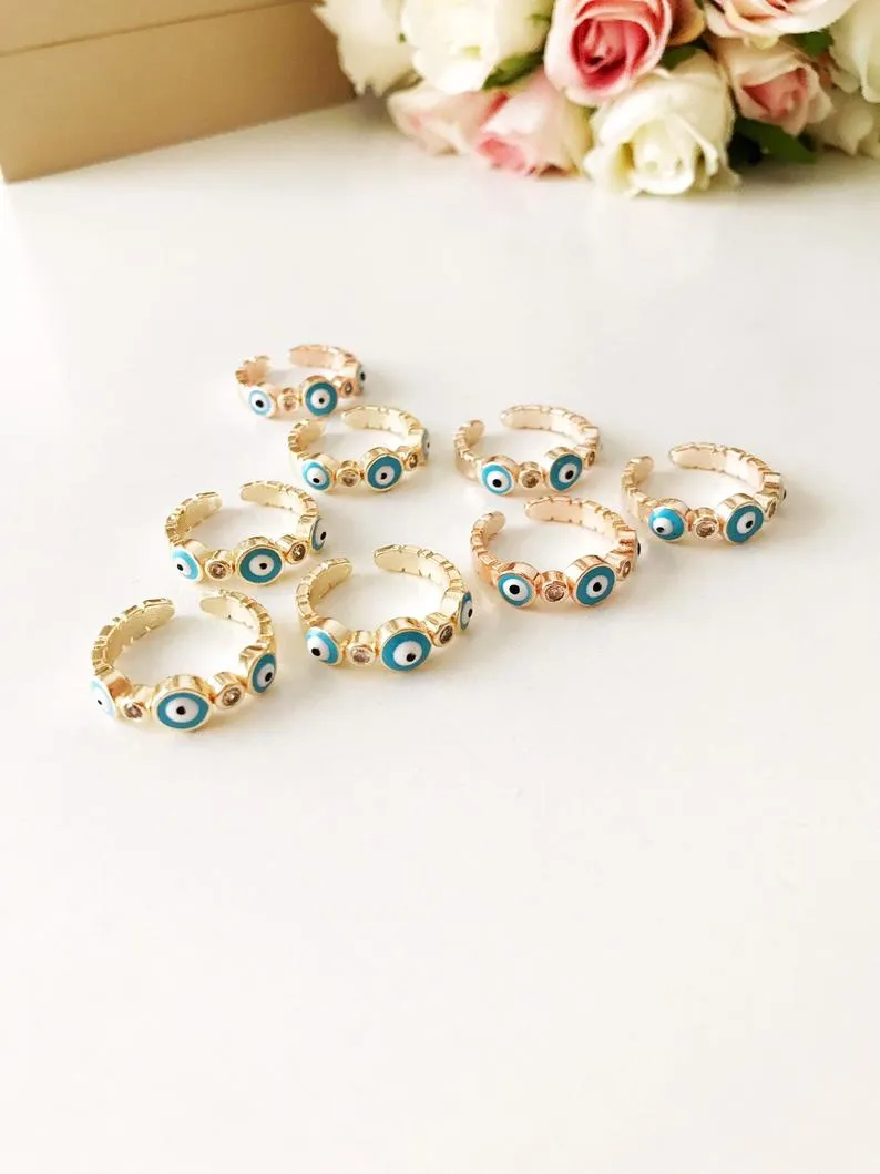 Adjustable Evil Eye Ring Set with Blue and White Beads - Greek and Turkish Inspired Jewelry