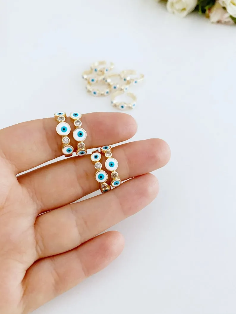 Adjustable Evil Eye Ring Set with Blue and White Beads - Greek and Turkish Inspired Jewelry