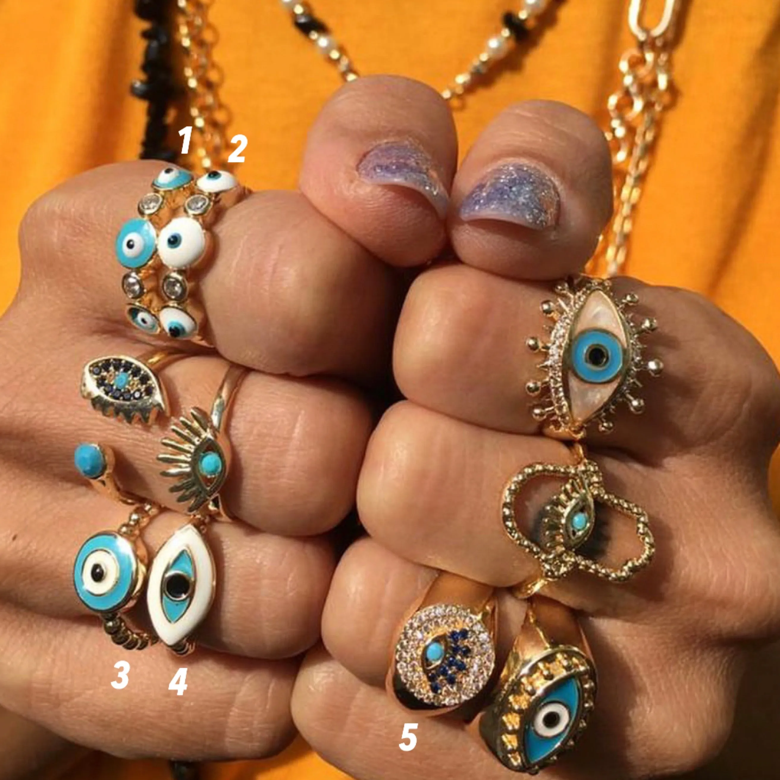 Adjustable Evil Eye Ring Set with Blue and White Beads - Greek and Turkish Inspired Jewelry
