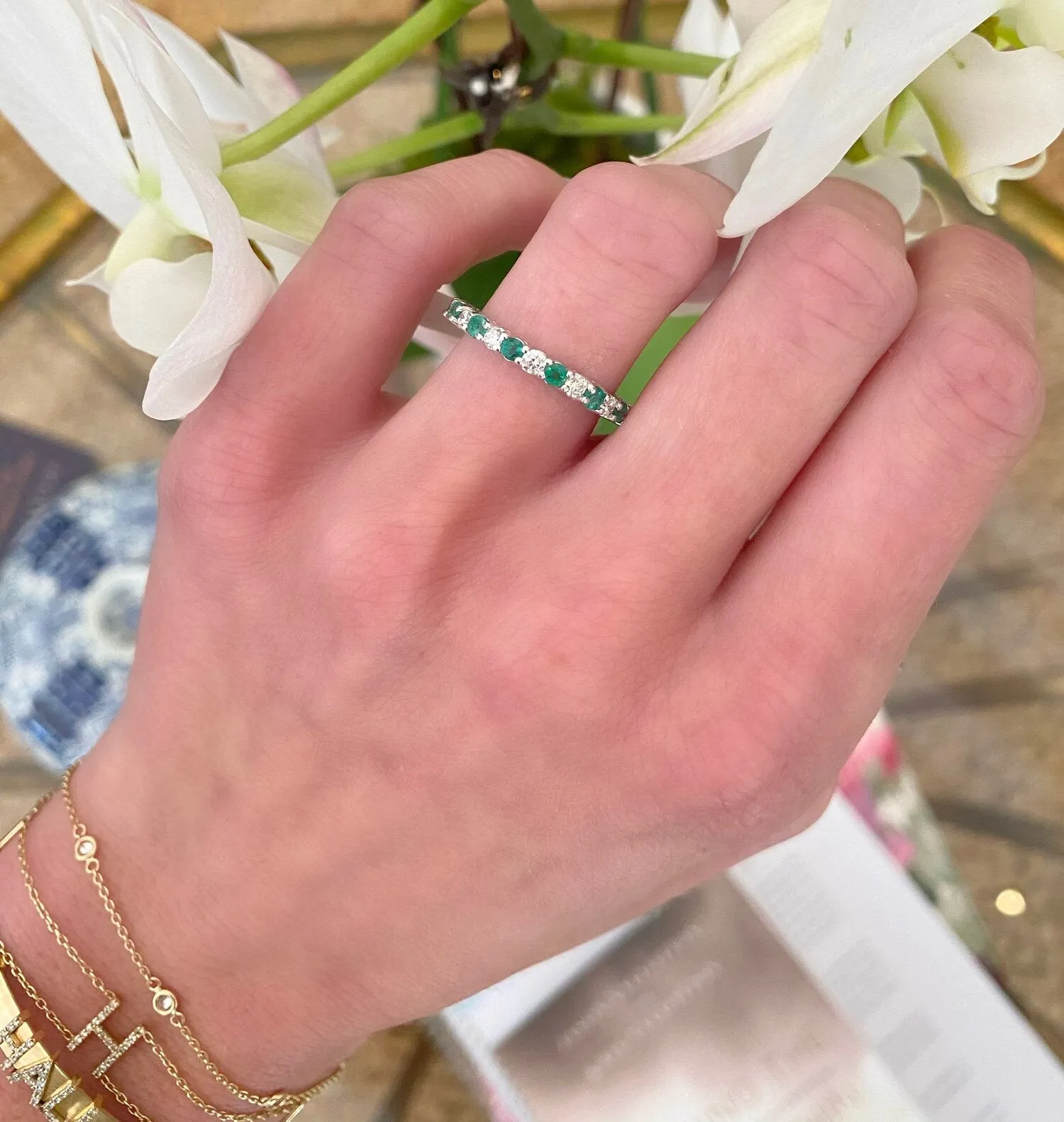 alternating diamond & gemstone eternity band