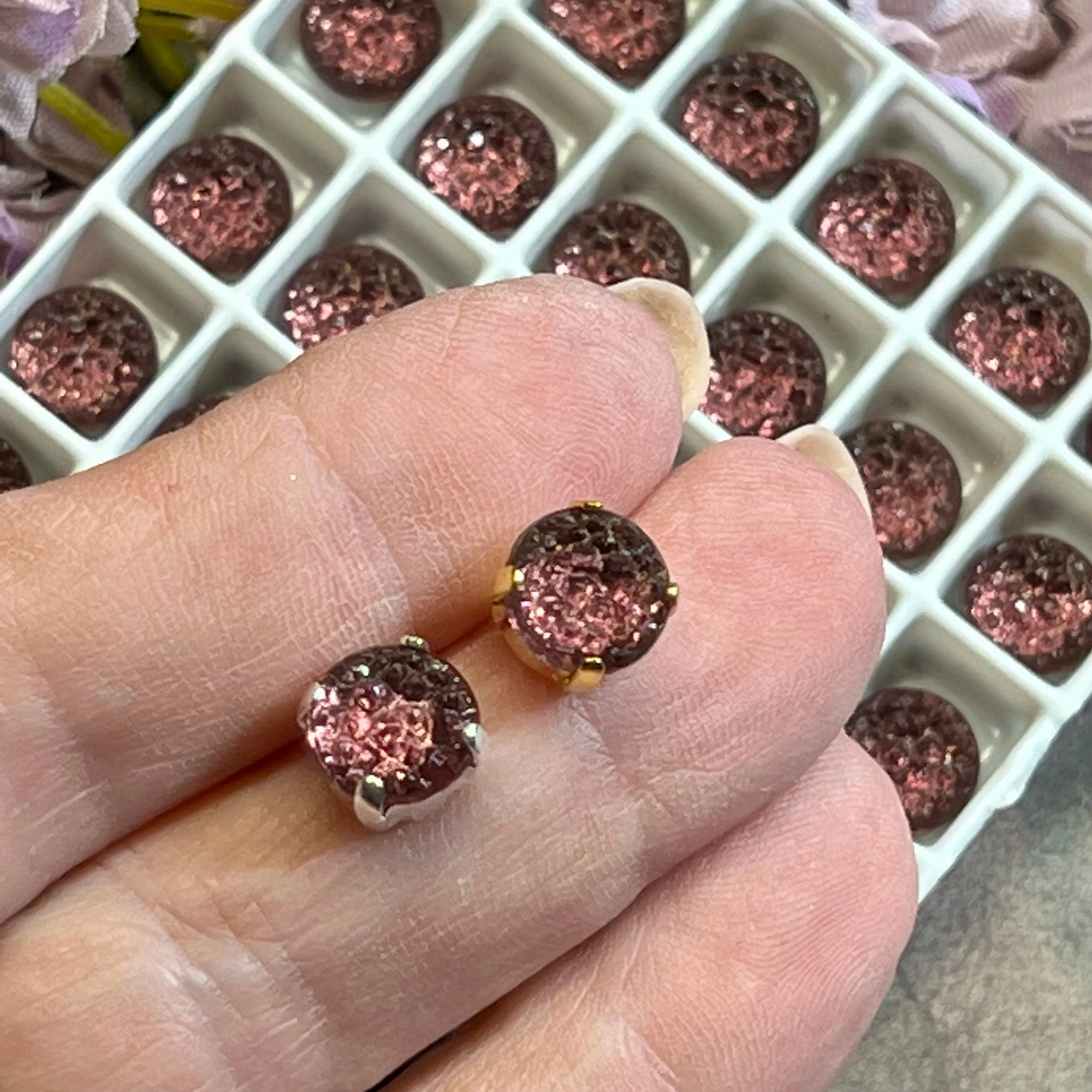 Amethyst, 2 Pieces Vintage Crystal, 40ss (approx 8.5mm) Sugar Stone in Sew On Settings, Faux Druzy