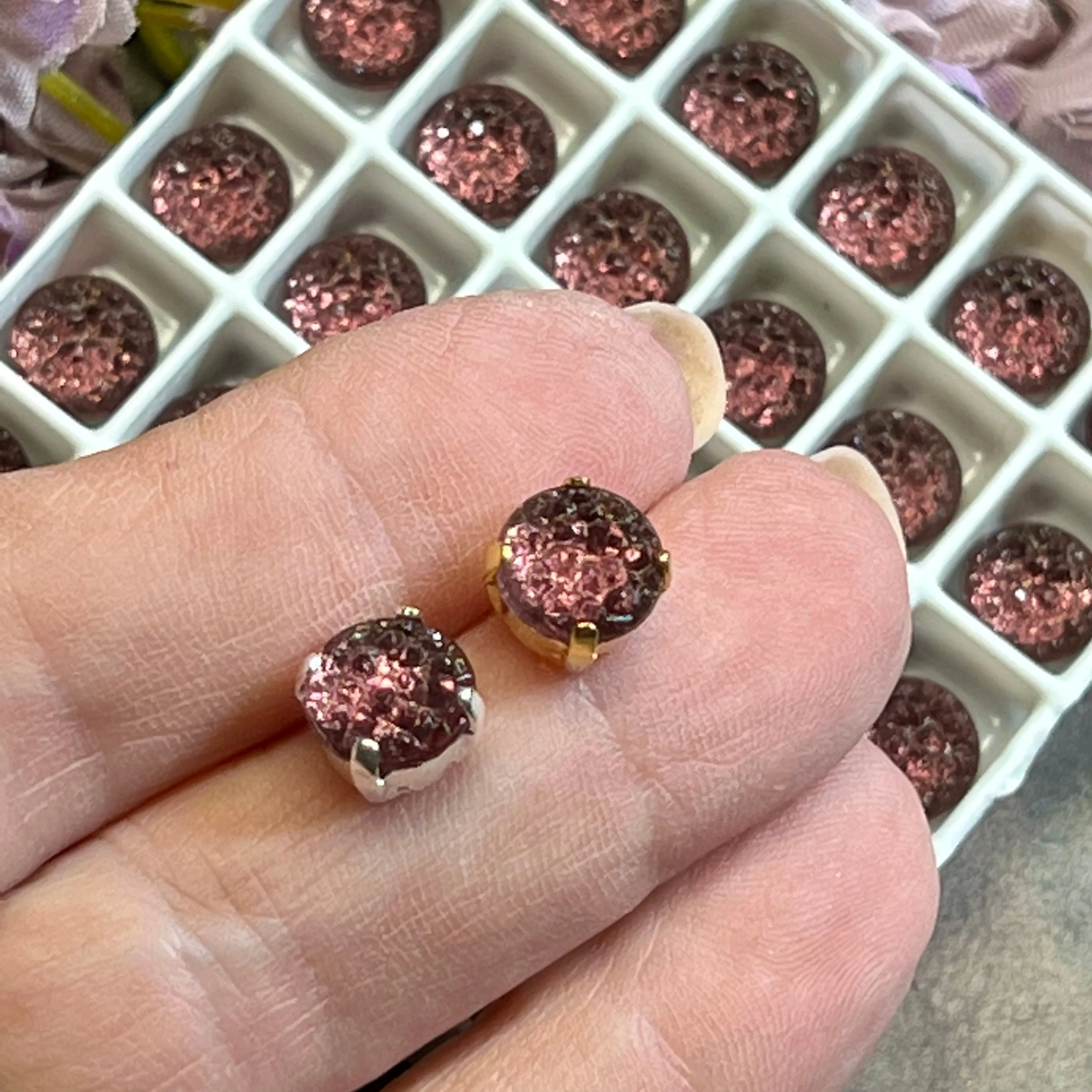 Amethyst, 2 Pieces Vintage Crystal, 40ss (approx 8.5mm) Sugar Stone in Sew On Settings, Faux Druzy