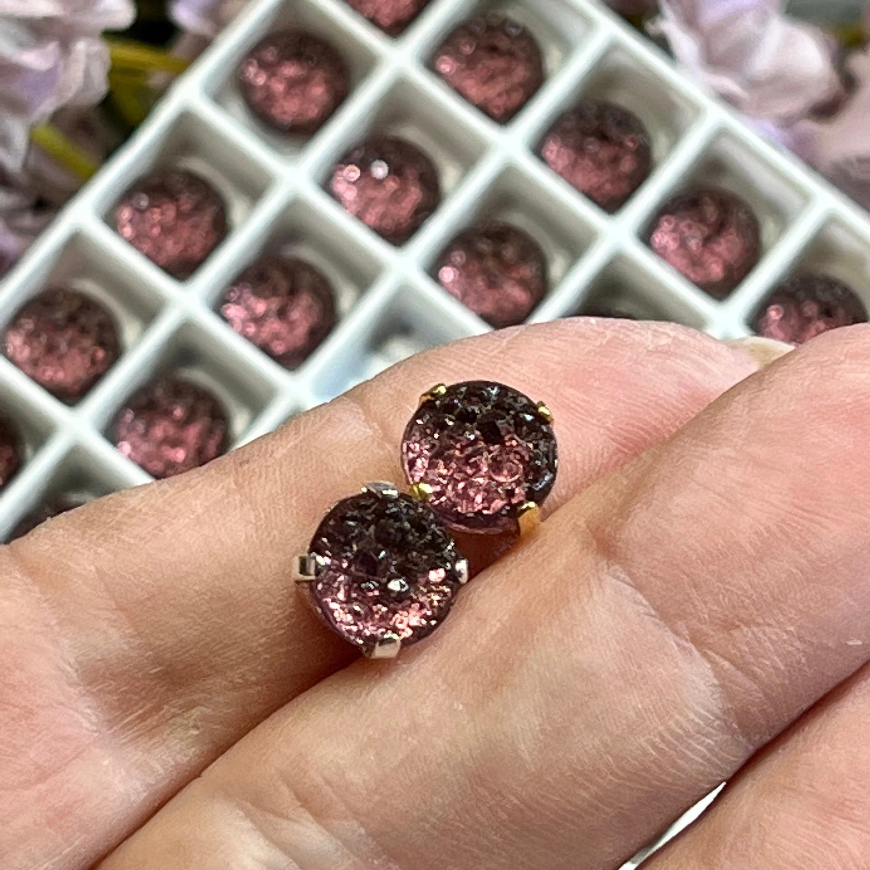 Amethyst, 2 Pieces Vintage Crystal, 40ss (approx 8.5mm) Sugar Stone in Sew On Settings, Faux Druzy