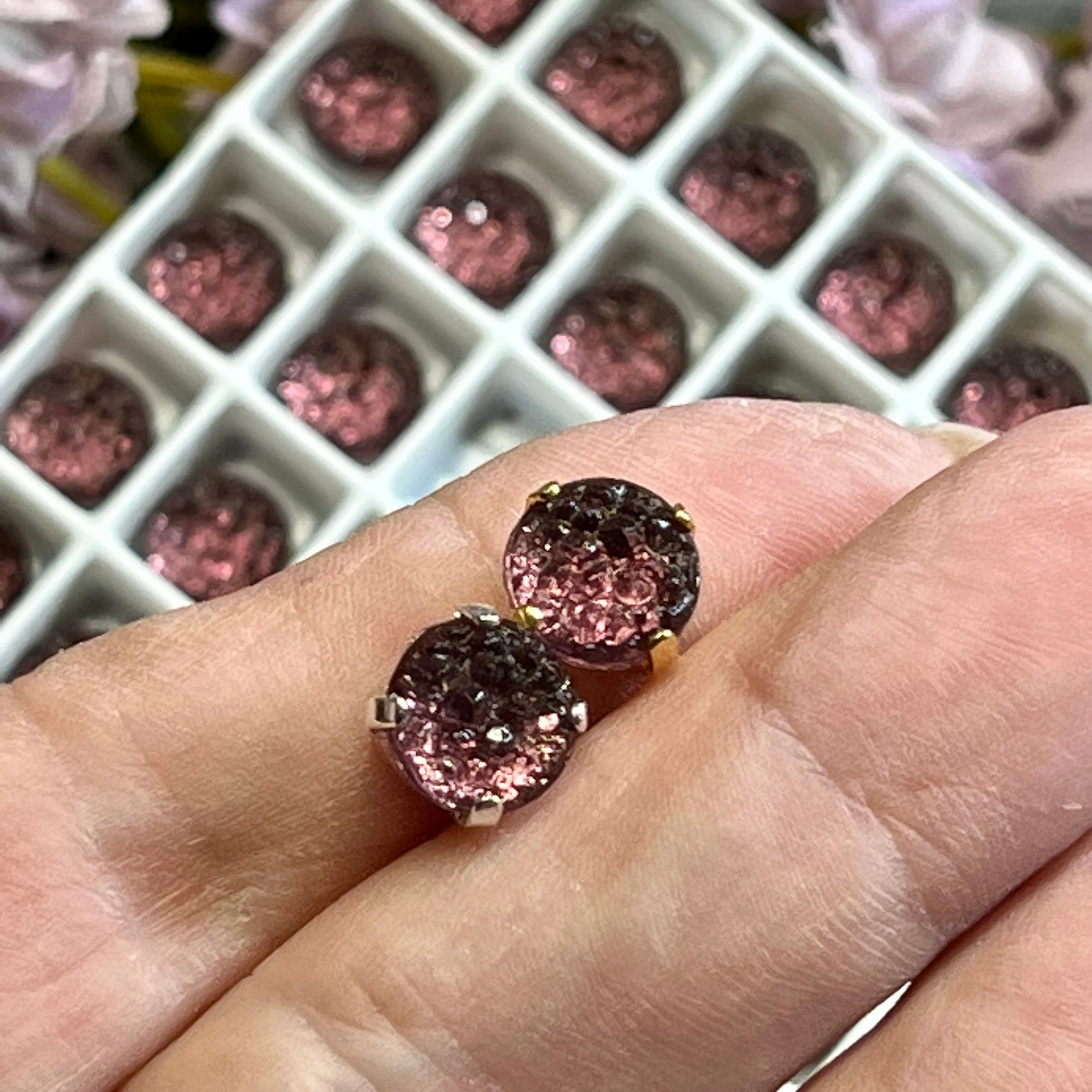 Amethyst, 2 Pieces Vintage Crystal, 40ss (approx 8.5mm) Sugar Stone in Sew On Settings, Faux Druzy