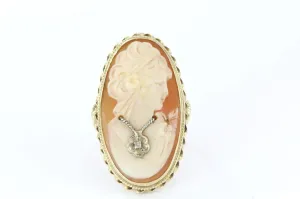 Antique 14K Gold Habille Diamond Cameo Carved Shell Ring Signed CS