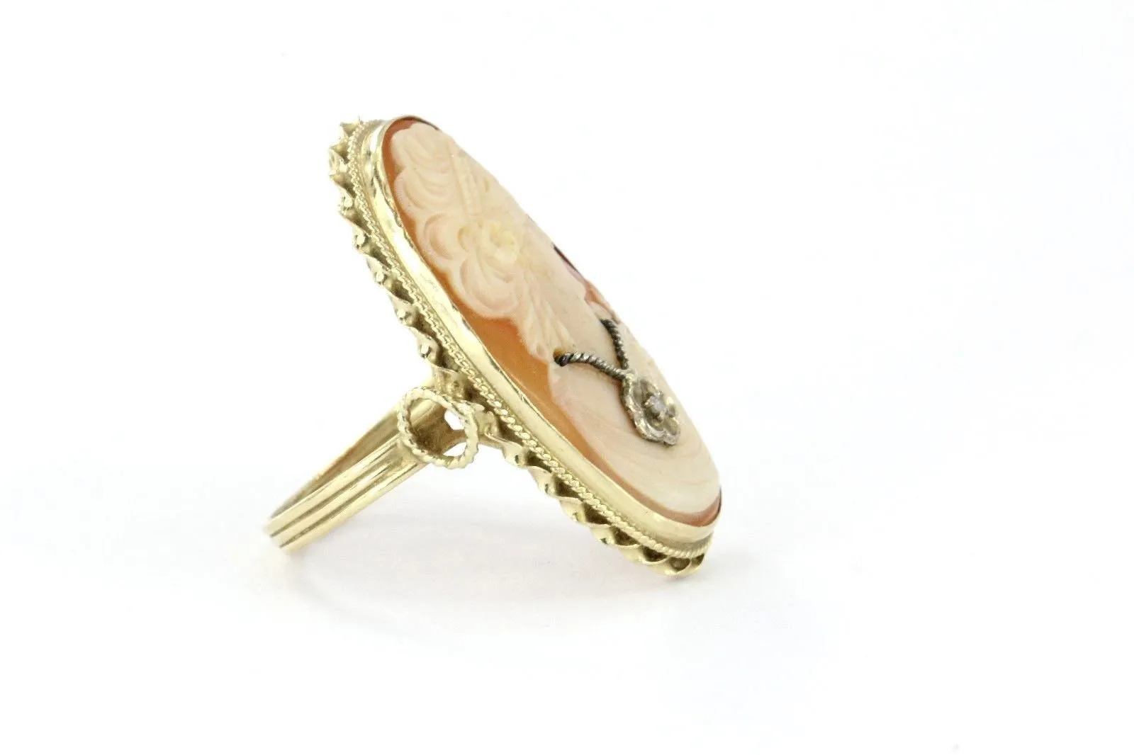 Antique 14K Gold Habille Diamond Cameo Carved Shell Ring Signed CS