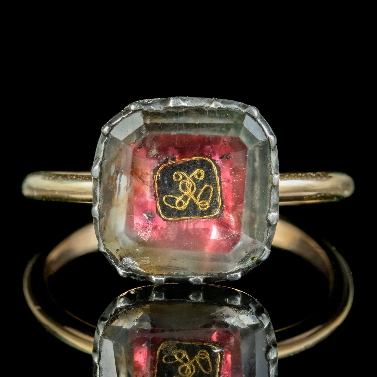 Antique Georgian Stuart Rock Crystal Ring Gold Wire Cipher Circa 1730