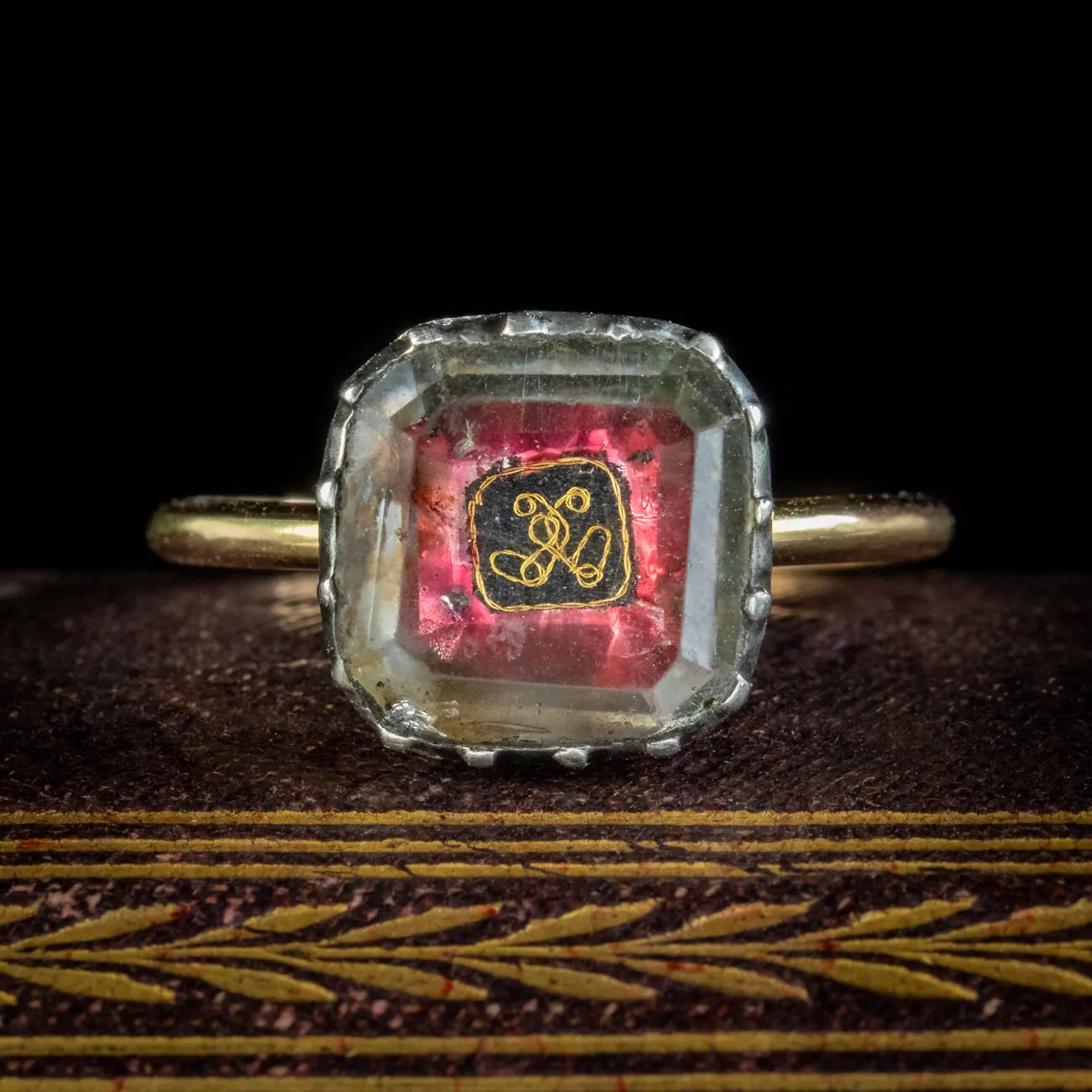 Antique Georgian Stuart Rock Crystal Ring Gold Wire Cipher Circa 1730