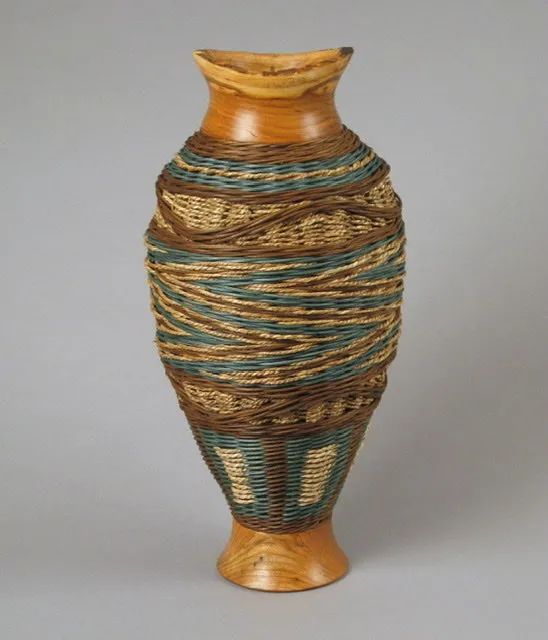 “Apprentice with Cherry Wood” Mixed Media Basket with Hand Turned Wood Base and Lip