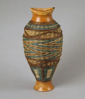 “Apprentice with Cherry Wood” Mixed Media Basket with Hand Turned Wood Base and Lip