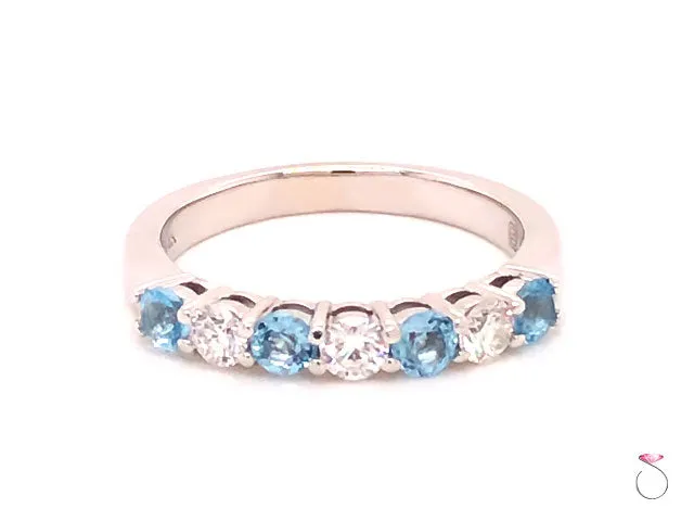 Aquamarine and Diamond Anniversary Band, Designer Ring in 14k White Gold
