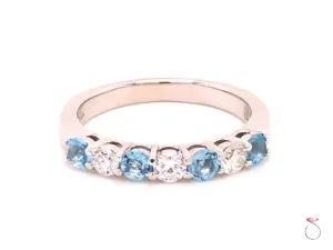 Aquamarine and Diamond Anniversary Band, Designer Ring in 14k White Gold